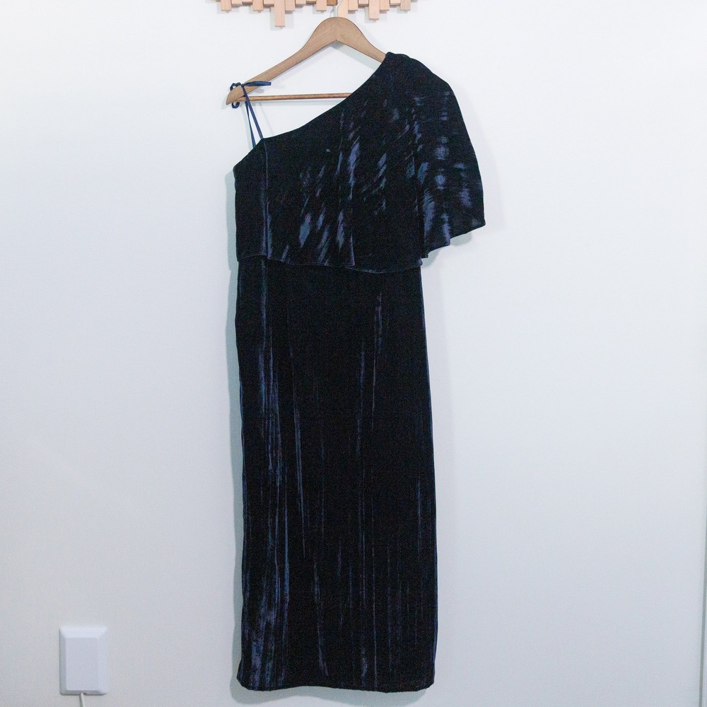 Adrianna Papell Womens Navy Blue Crushed Velvet One Shoulder Ruffle Dress 14